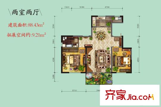 龍泊灣27、28號樓B5戶型 2室2廳1衛(wèi)1廚