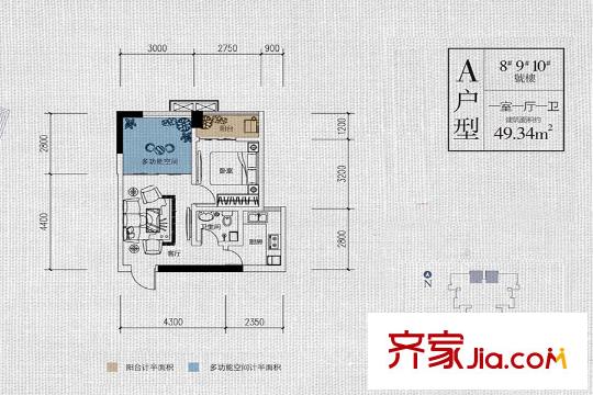 華宇時間城8、9、10號樓A戶型 1室1廳1衛(wèi)1廚