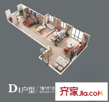 唐韻三坊D1戶(hù)型1室1廳1衛(wèi)1廚55.99平方米
