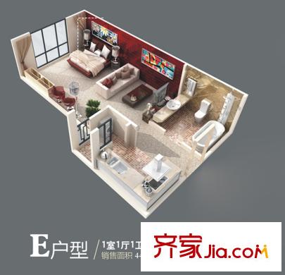 唐韻三坊E戶(hù)型1室1廳1衛(wèi)1廚44.92平方米
