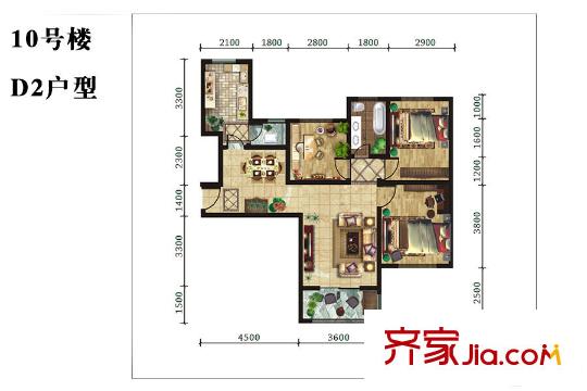 龍泊灣10號(hào)樓D2戶型 3室2廳1衛(wèi)1廚