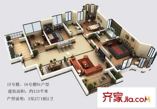 中冶?一曲江山15、16號樓B1戶型圖 3室2廳2衛(wèi)1廚