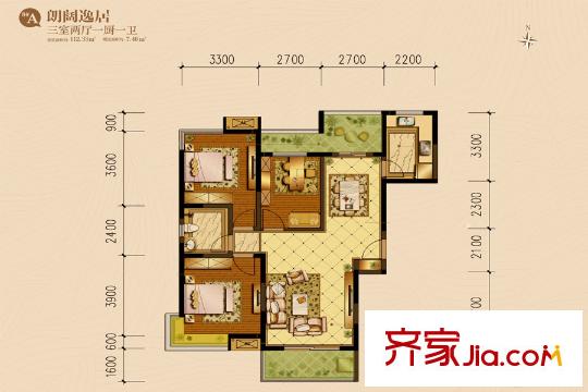 億龍金河灣8號樓A戶型 3室2廳1衛(wèi)1廚