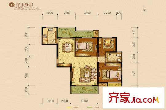 億龍金河灣8號樓C戶型 3室2廳1衛(wèi)1廚