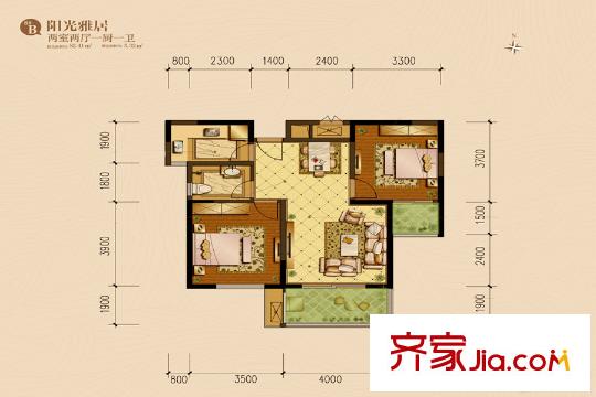億龍金河灣8號樓B戶型 2室2廳1衛(wèi)1廚