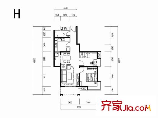 易道郡 玫瑰公館7號樓H2戶型 2室2廳1衛(wèi)1廚