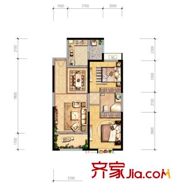 納帕溪谷?金源50#中B3戶型 2室2廳1衛(wèi)1廚
