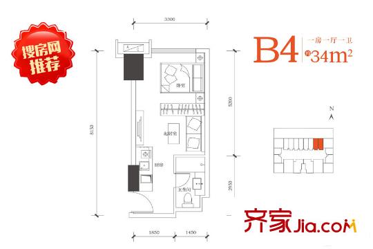 合能朱闕公寓B4戶型34平方米 1室1廳1衛(wèi)