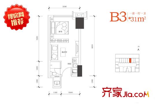 合能朱闕公寓B3戶型31平方米 1室1廳1衛(wèi)