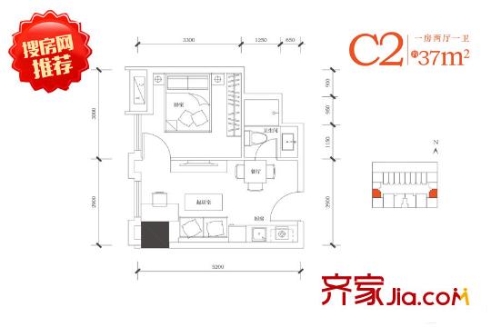 合能朱闕公寓C2戶型37平方米 1室2廳1衛(wèi)1廚