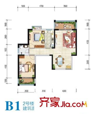 仕府公館2#B1戶(hù)型 2室2廳1衛(wèi)1廚