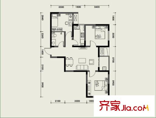 經(jīng)發(fā)新北居1-4號(hào)樓B3戶型 3室2廳1衛(wèi)1廚