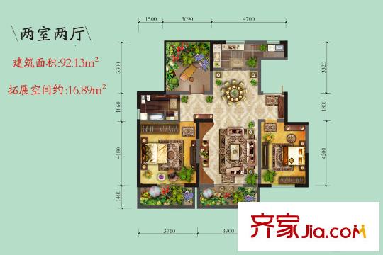 龍泊灣27、28號樓B4戶型 2室2廳1衛(wèi)1廚