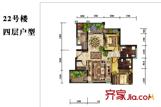 龍泊灣22號樓A4戶型 2室2廳2衛(wèi)1廚