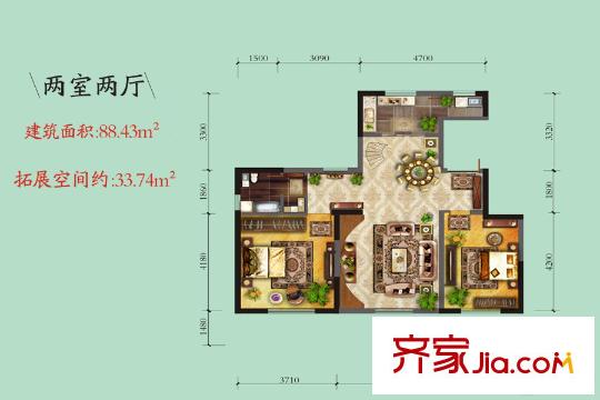 龍泊灣27、28號樓B6戶型 2室2廳1衛(wèi)1廚