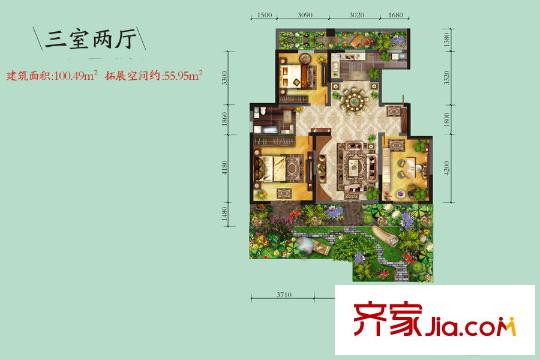 龍泊灣27、28號樓B1戶型 3室2廳1衛(wèi)1廚