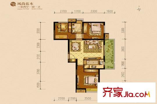 億龍金河灣8號樓D戶型 3室2廳1衛(wèi)1廚