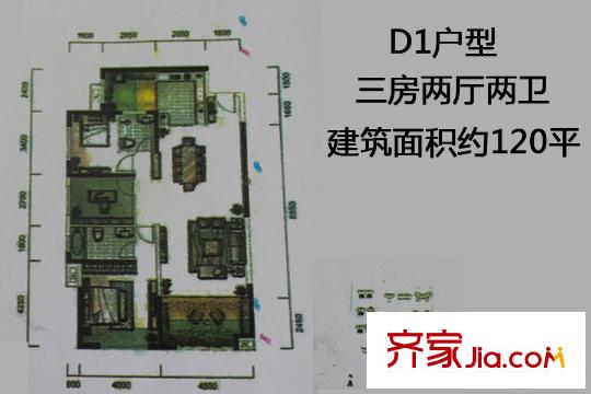 華僑城?天鵝堡12號樓D1戶型 3室2廳2衛(wèi)1廚