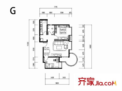 易道郡 玫瑰公館7號樓G戶型 2室2廳1衛(wèi)1廚