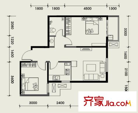 經(jīng)發(fā)新北居1-4號(hào)樓C2戶型 2室1廳1衛(wèi)1廚