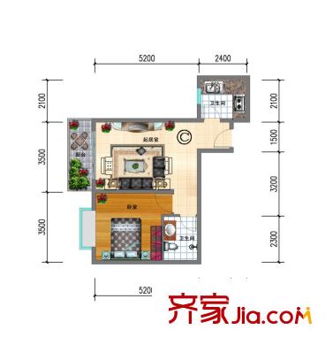 阿房大廈戶型圖56平戶型圖 1室1廳1衛(wèi)1廚