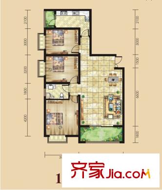 景泰茗苑1B戶型圖 3室2廳1衛(wèi)1廚