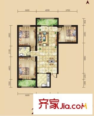 景泰茗苑2A戶型圖 3室2廳1衛(wèi)1廚