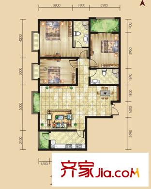 景泰茗苑1A戶型圖 3室2廳2衛(wèi)1廚