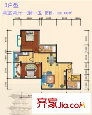 公園大觀戶型圖B戶型 2室2廳1衛(wèi)1廚