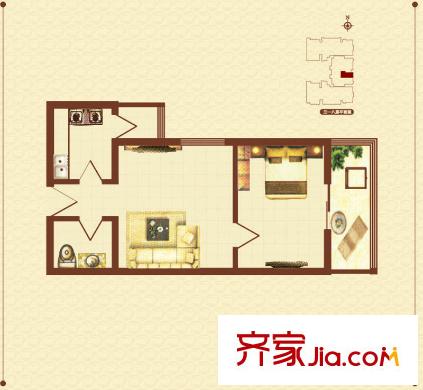 香米苑M戶(hù)型標(biāo)準(zhǔn)層戶(hù)型圖 1室1廳1衛(wèi)1廚