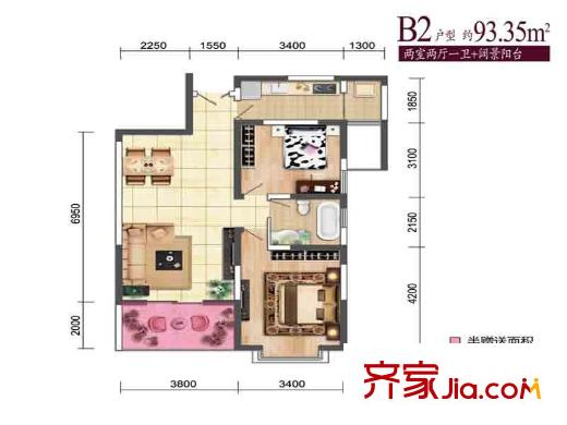 鳳城九號3號樓B2戶型 2室2廳1衛(wèi)1廚