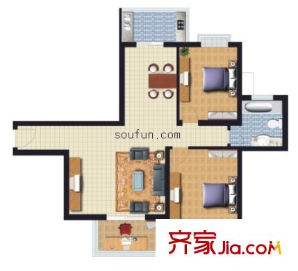 天心苑戶型圖C1 2室2廳1衛(wèi)1廚