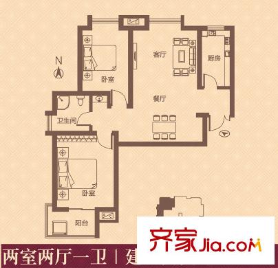 融錦尚都戶型圖2、3#樓B戶型 2室2廳1衛(wèi)1廚