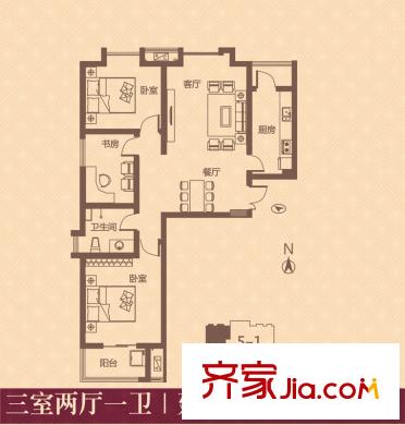 融錦尚都戶型圖5#樓F戶型 3室2廳1衛(wèi)1廚