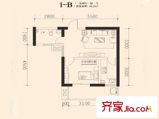 東岸陽光1-B戶型 1室2廳1衛(wèi)1廚