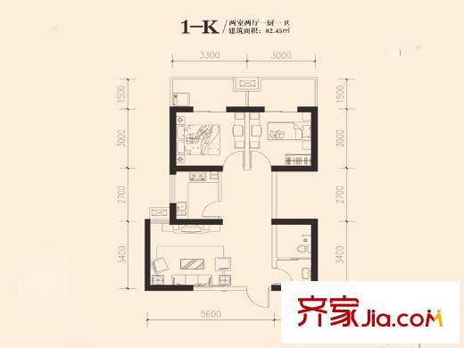 東岸陽光1-K戶型 2室2廳1衛(wèi)1廚