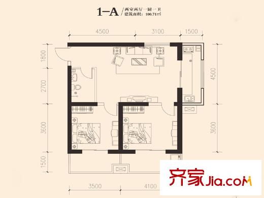 東岸陽光1-A戶型 2室2廳1衛(wèi)1廚