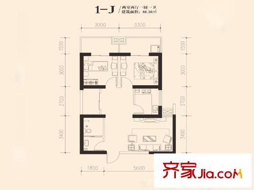 東岸陽光1-J戶型 2室2廳1衛(wèi)1廚