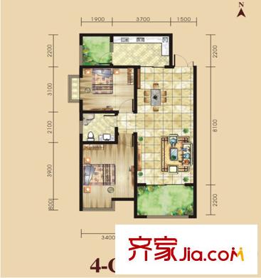 景泰茗苑4C戶型圖 2室2廳1衛(wèi)1廚