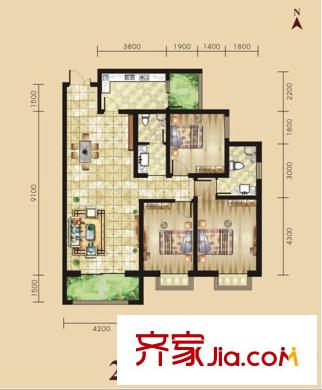 景泰茗苑2C戶型圖 3室2廳2衛(wèi)1廚