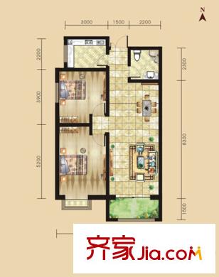 景泰茗苑2B戶型圖 2室2廳1衛(wèi)1廚