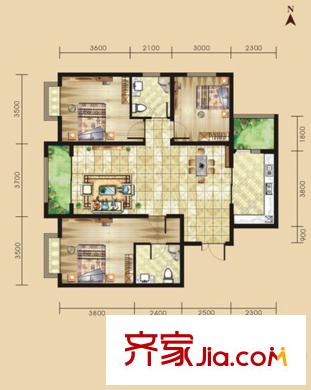 景泰茗苑4A戶型圖 3室2廳2衛(wèi)1廚
