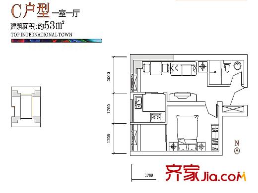 上上城戶型圖上上國(guó)際C戶型 1室1廳1衛(wèi)1廚