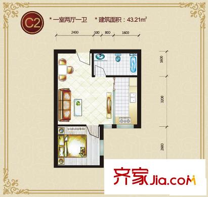 藍(lán)山公館戶型圖C2戶型 1室2廳1衛(wèi)1廚
