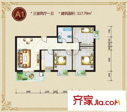 藍(lán)山公館戶型圖A1戶型 3室2廳1衛(wèi)1廚