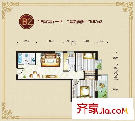 藍(lán)山公館戶型圖B2戶型 2室2廳1衛(wèi)1廚