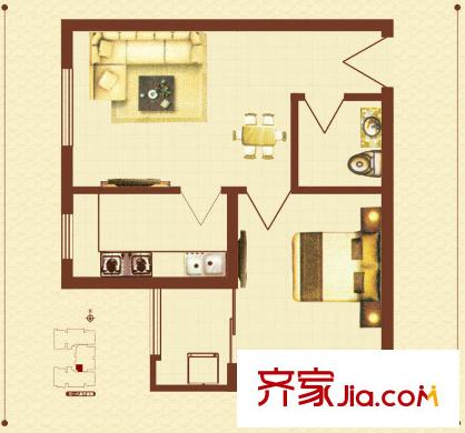 香米苑K戶型標(biāo)準(zhǔn)層戶型圖 1室1廳1衛(wèi)1廚
