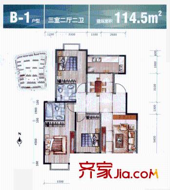 怡水花園B1戶型 3室2廳2衛(wèi)1廚