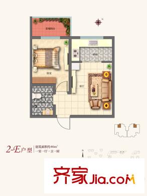 灞業(yè)?大境2號(hào)樓E戶型 1室1廳1衛(wèi)1廚
