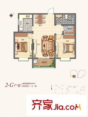 灞業(yè)?大境2號(hào)樓G戶型 2室2廳1衛(wèi)1廚